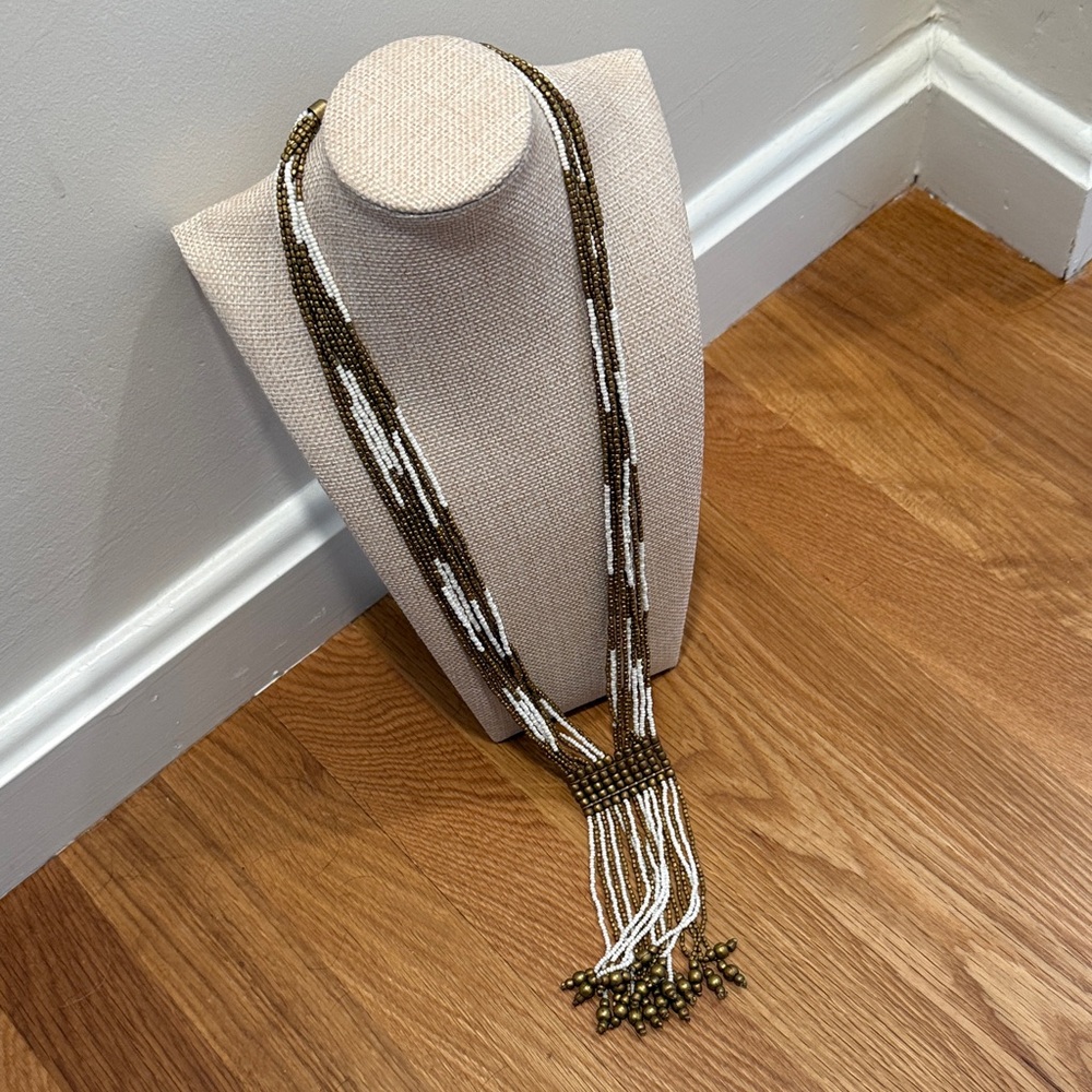 Boho White & Gold Beaded Necklace